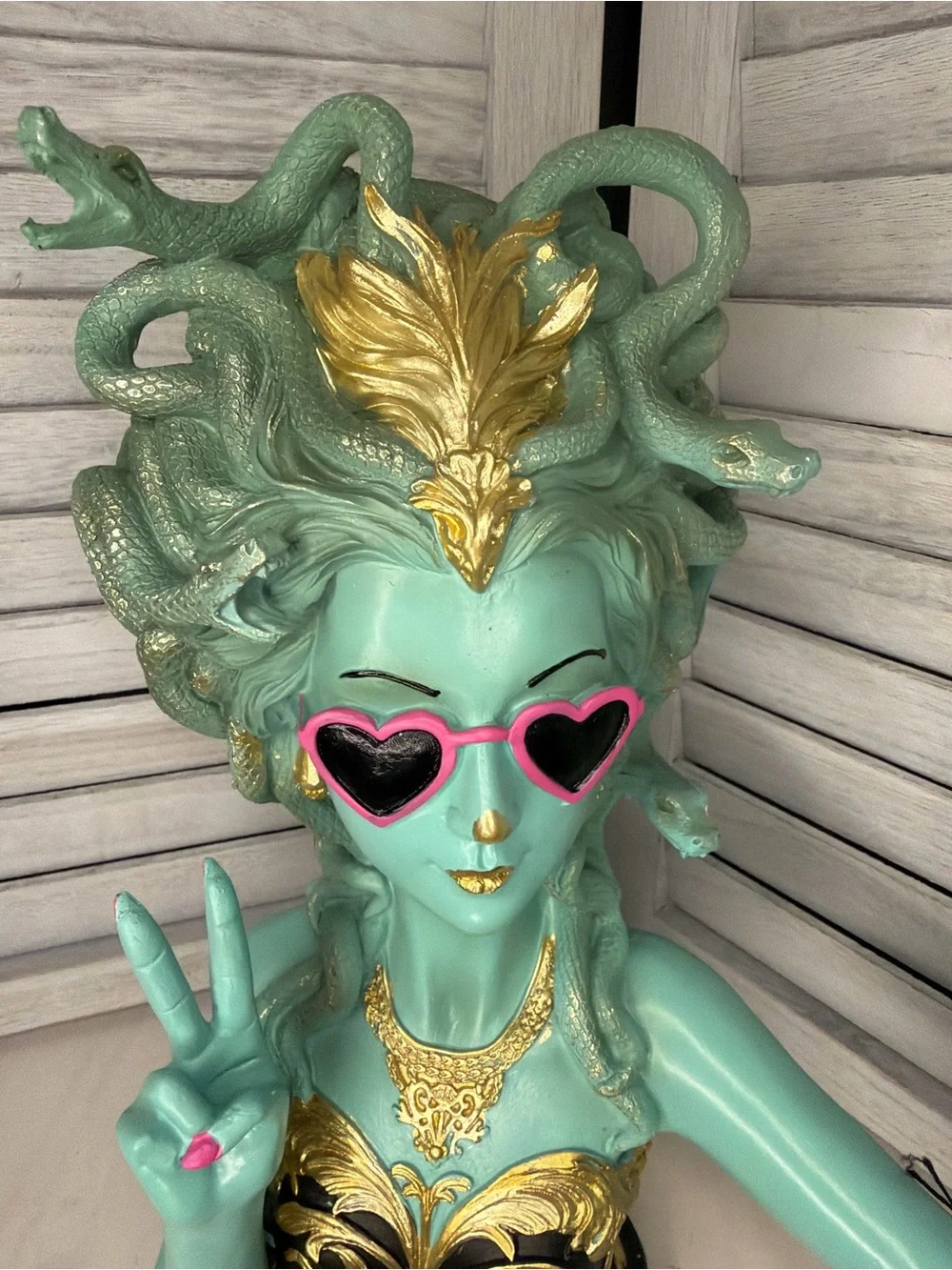 Aqua Medusa Vanity Statue with Pink Accents and Gold Detail